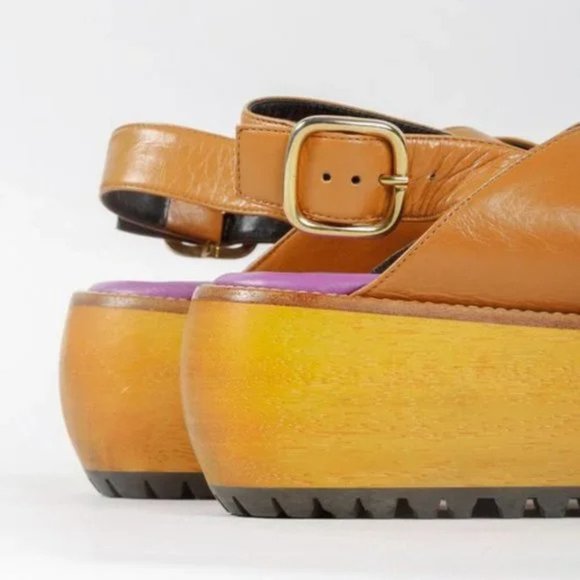 Marni Brown Leather Wooden Platform Slingback Sandal - Picture 6 of 9